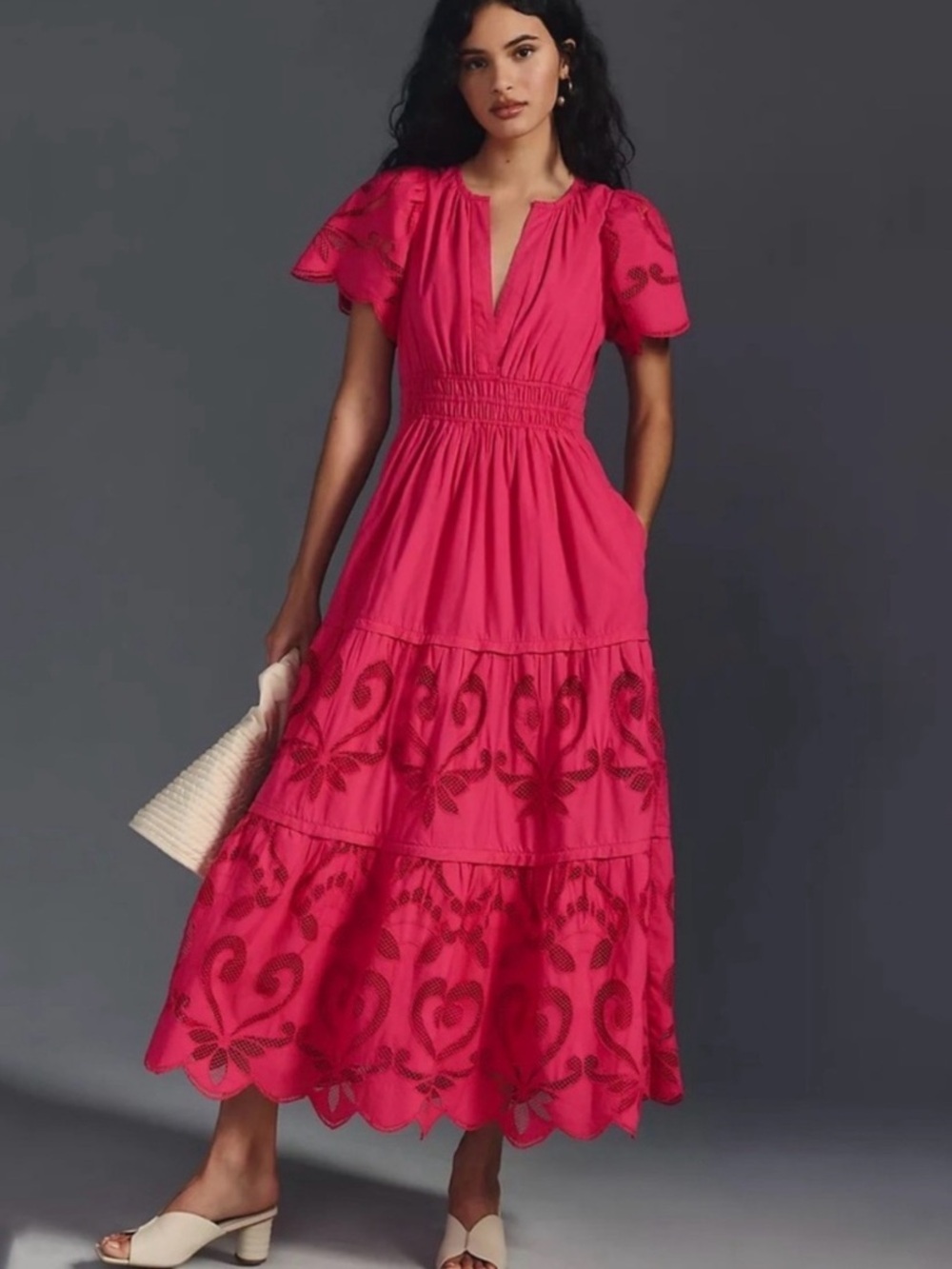 Anthropologie Somerset Pink Eyelet Tiered Midi Maxi Lace Embroidered Dress S
